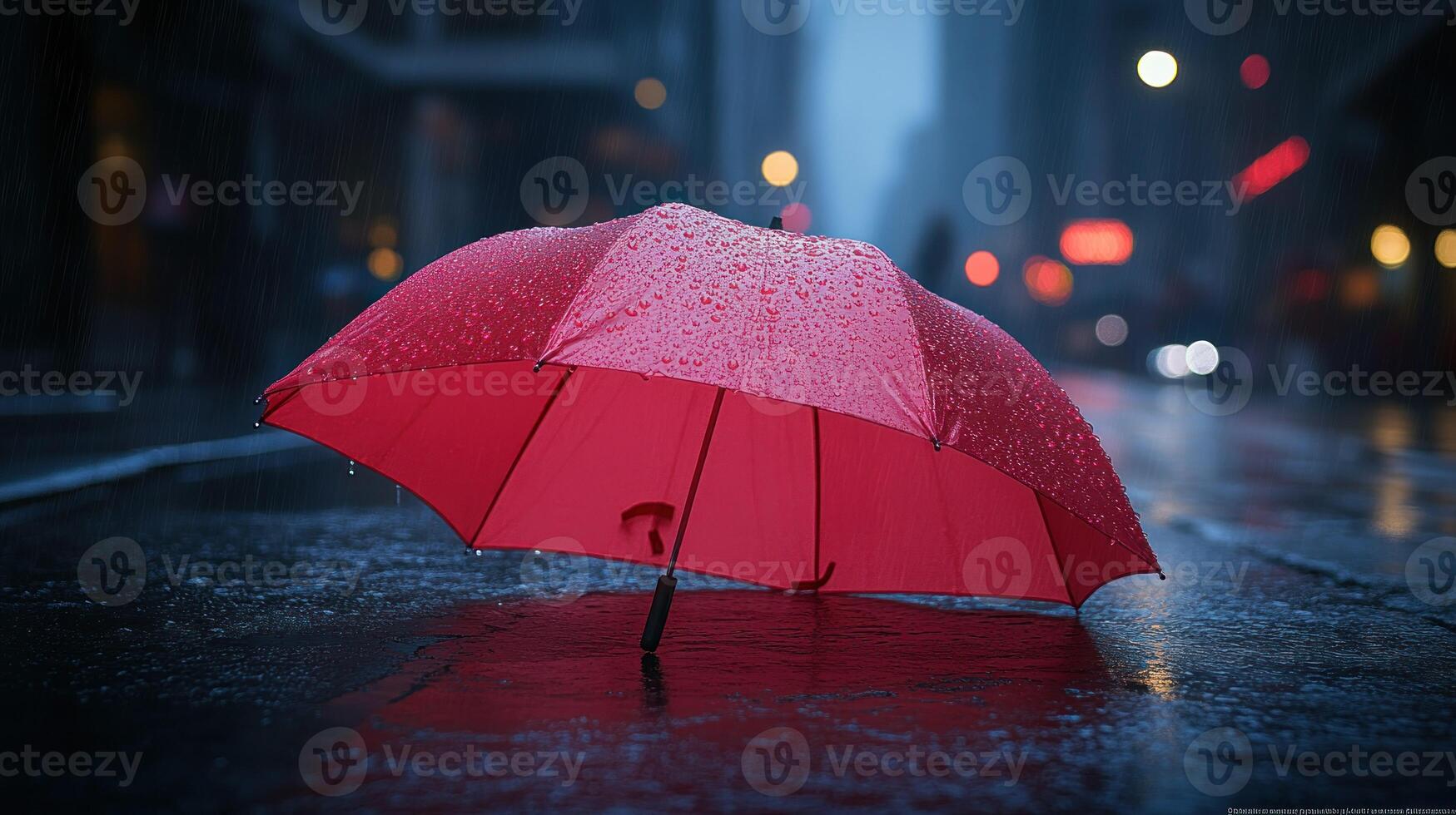 A red umbrella is sitting on the wet street photo