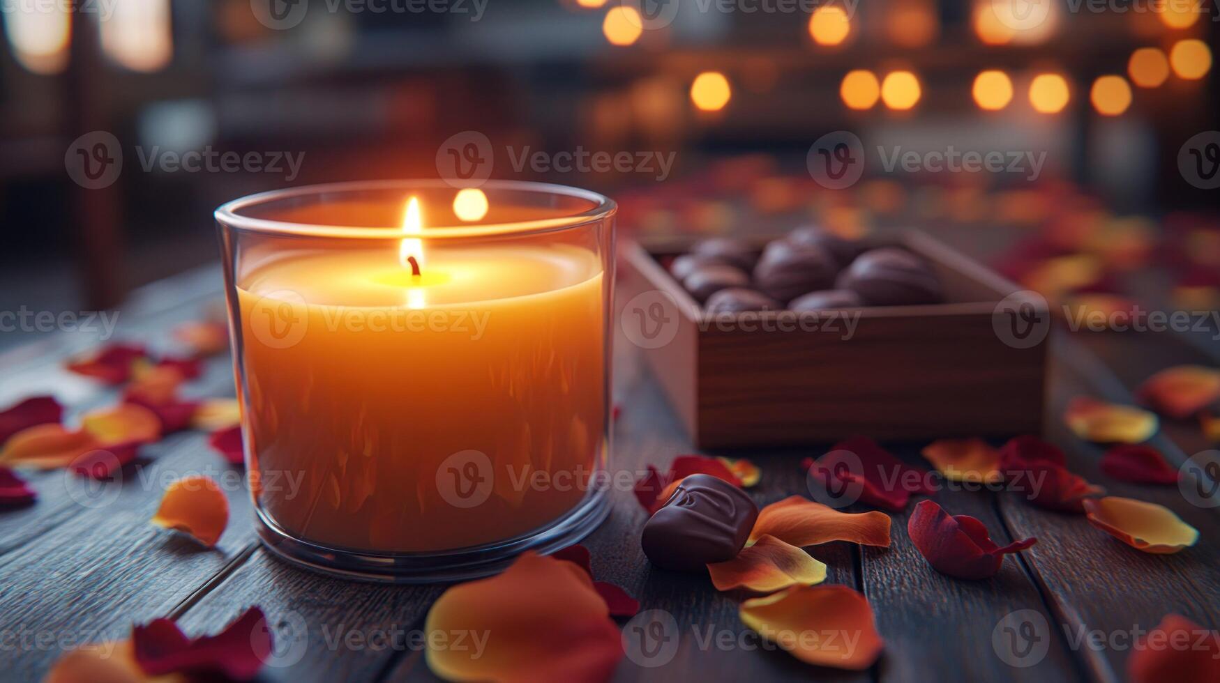 Candle and chocolates on wooden table with petals photo