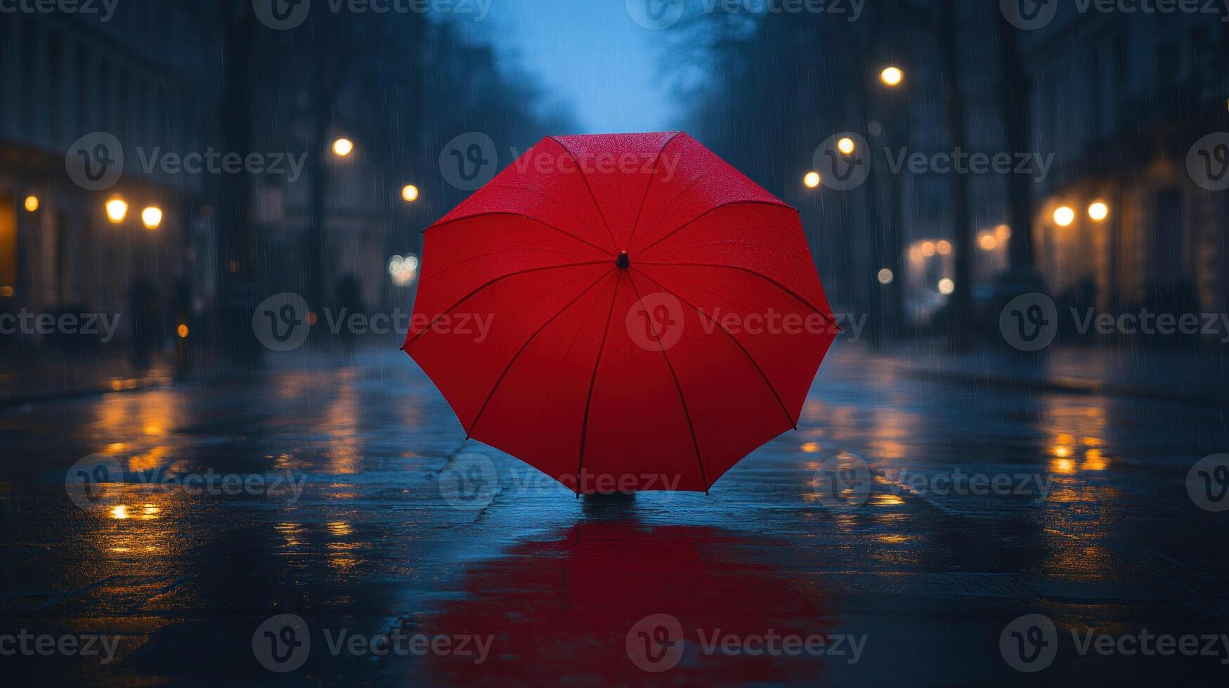 A person holding a red umbrella in the rain photo