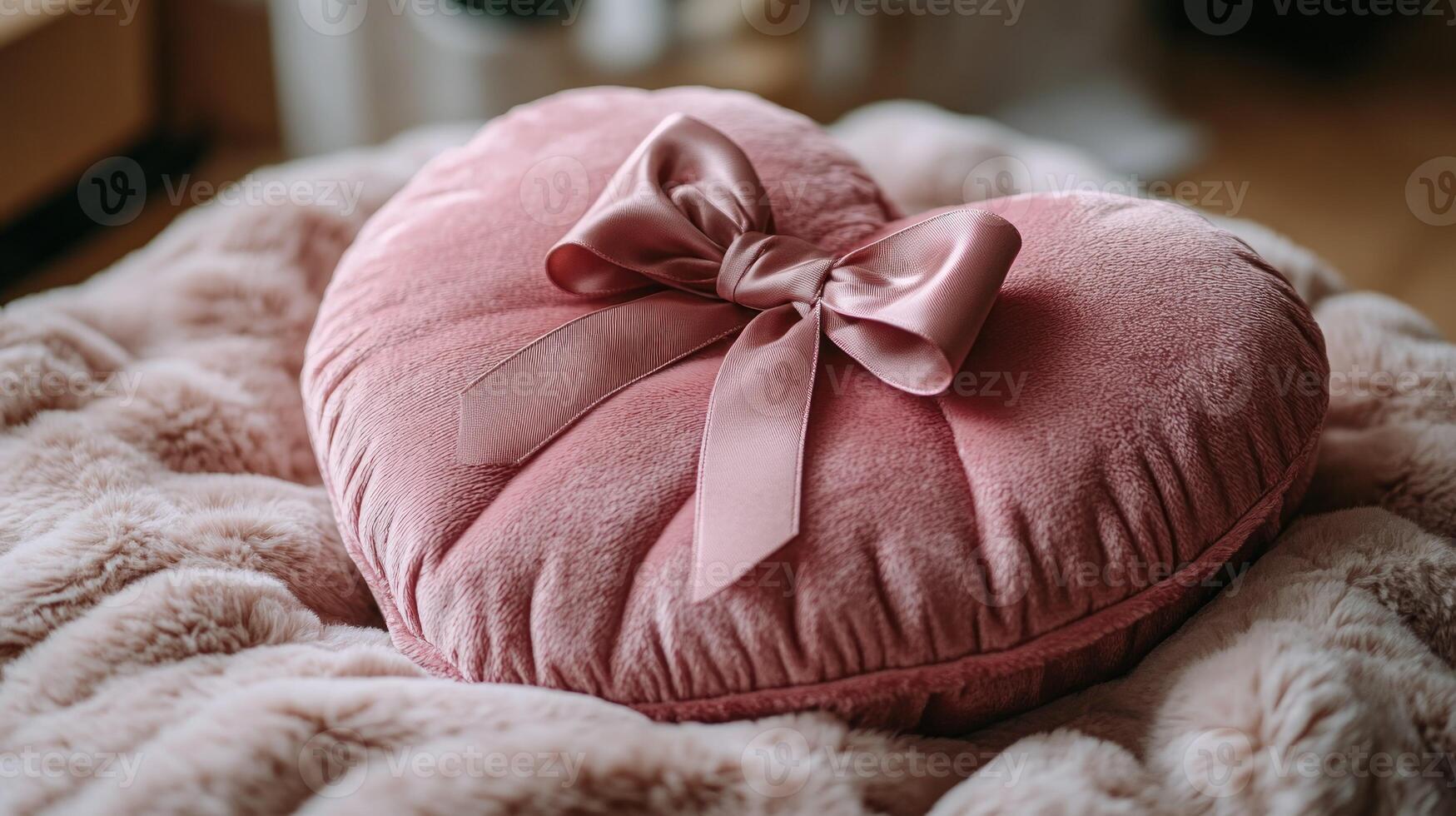 A pink heart shaped pillow with a bow on it photo