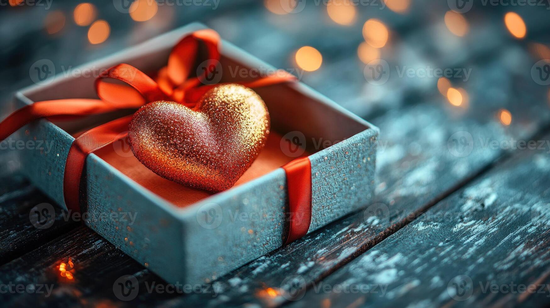 A heart-shaped gift box with a red ribbon and a golden heart in it photo