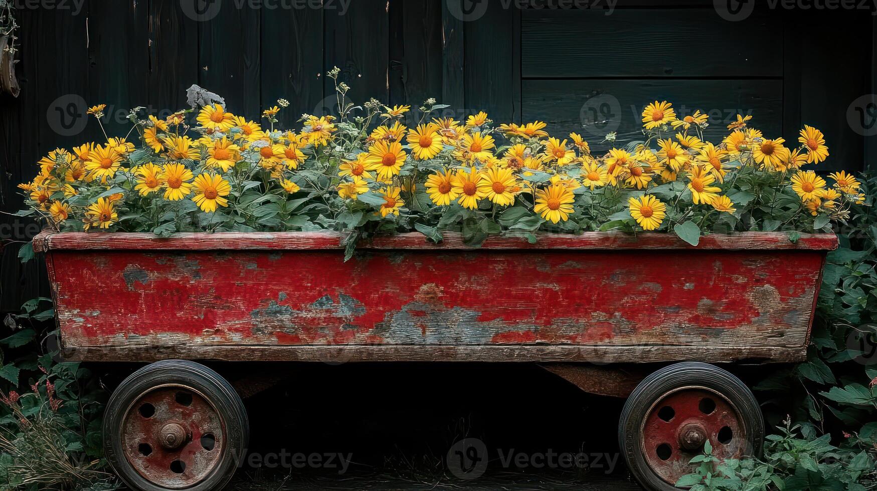 An old red wagon with yellow sunflowers in it photo