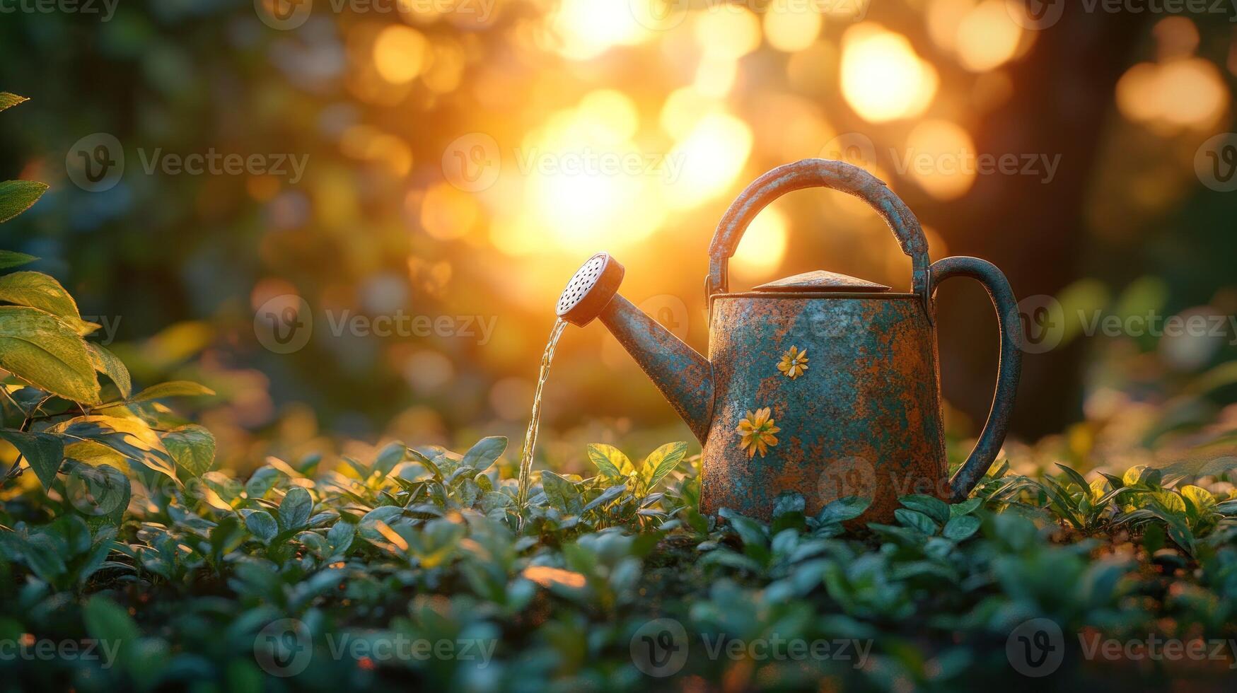 Watering can in the garden at sunset photo