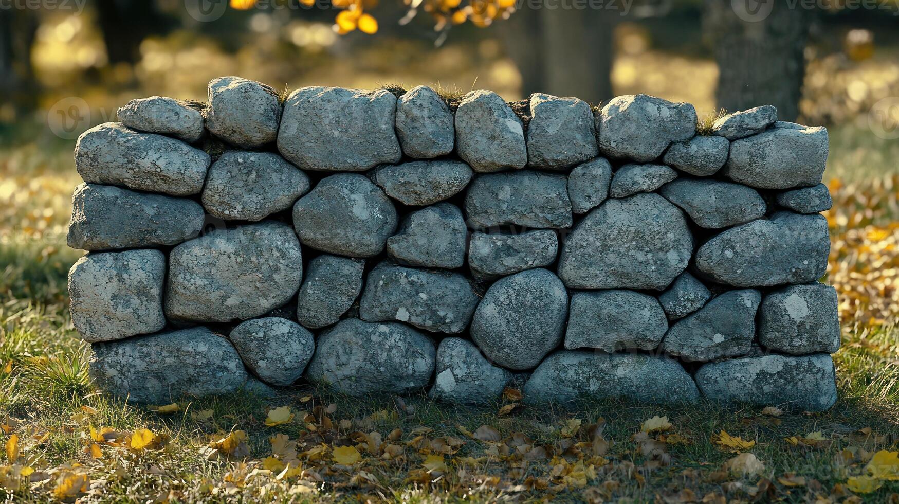 A stone wall in the middle of a field photo