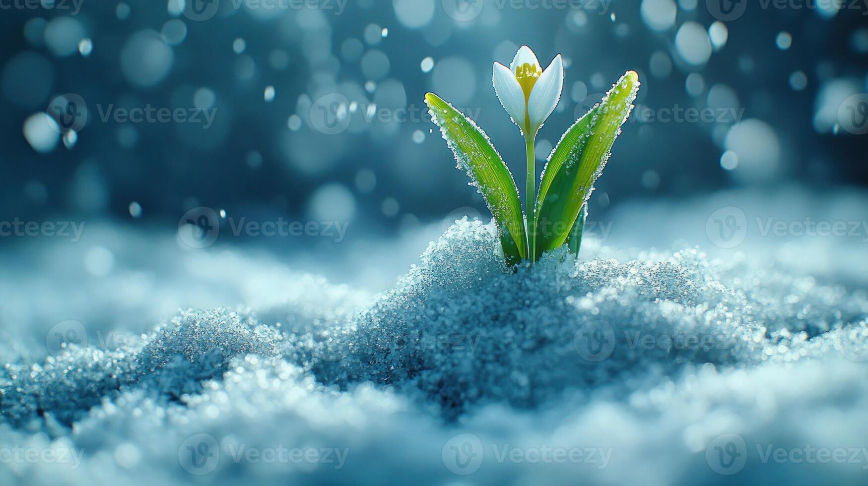 A single white flower is growing out of the snow photo
