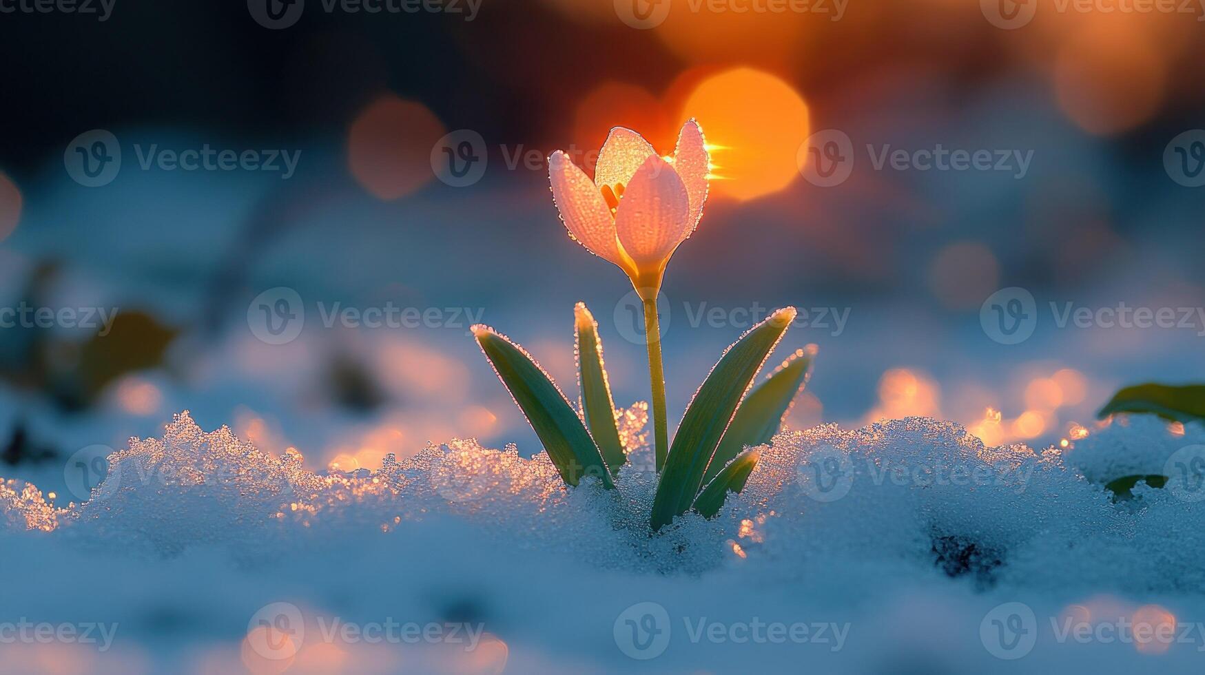 A single pink flower is standing in the snow photo