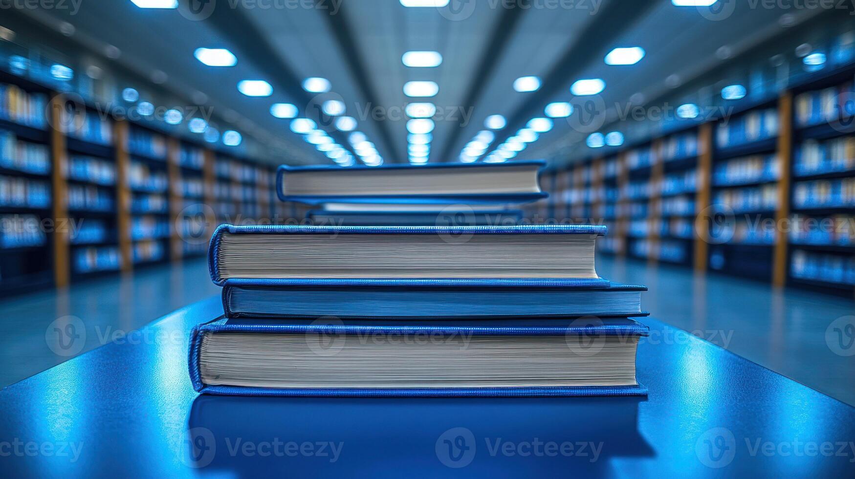 Stack of books in a library photo