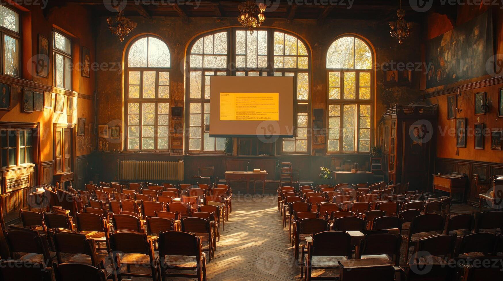 A large room with many chairs and a projector screen photo