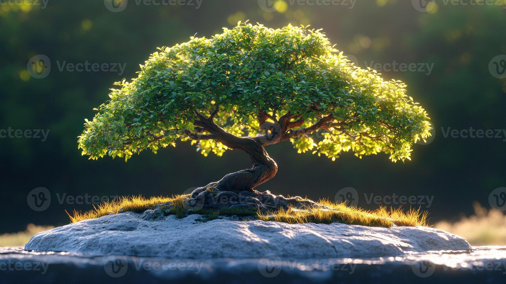 Bonsai tree on rock in front of green grass photo