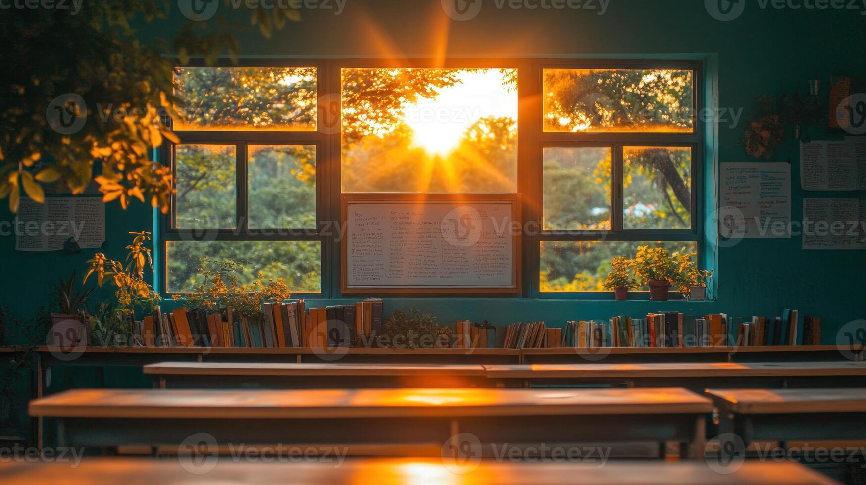 Sunrise in a classroom with books and windows photo