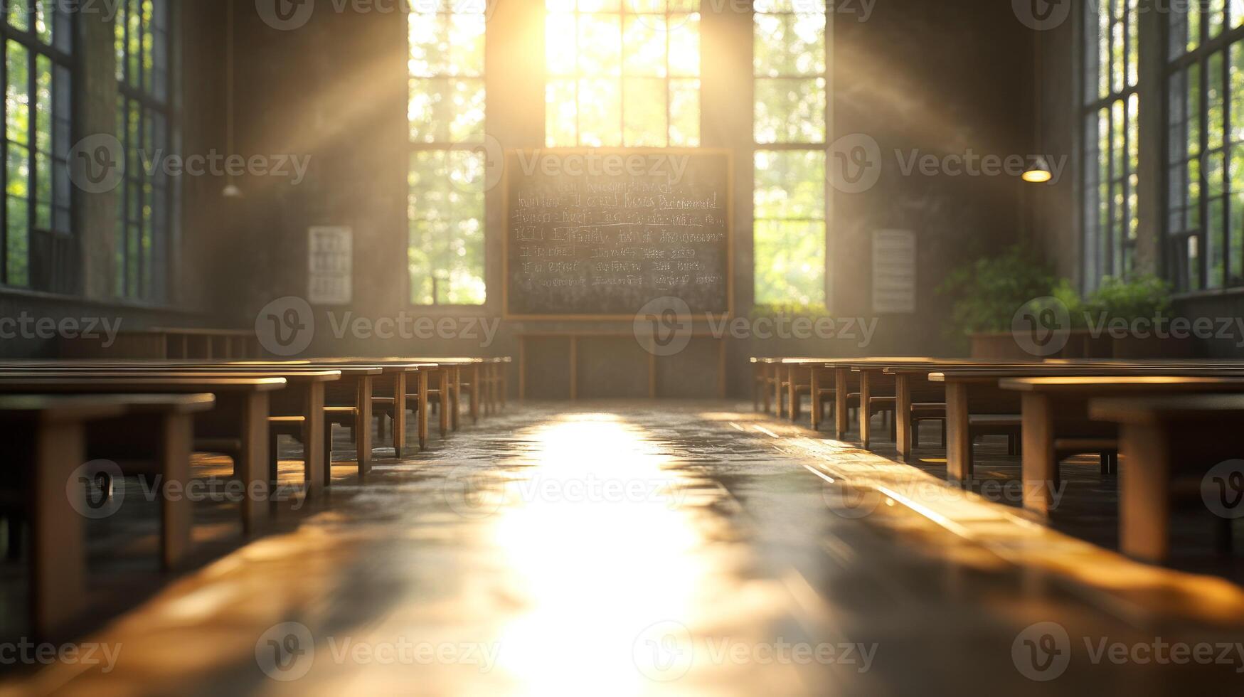 A church with empty pews and sunlight shining through the windows photo