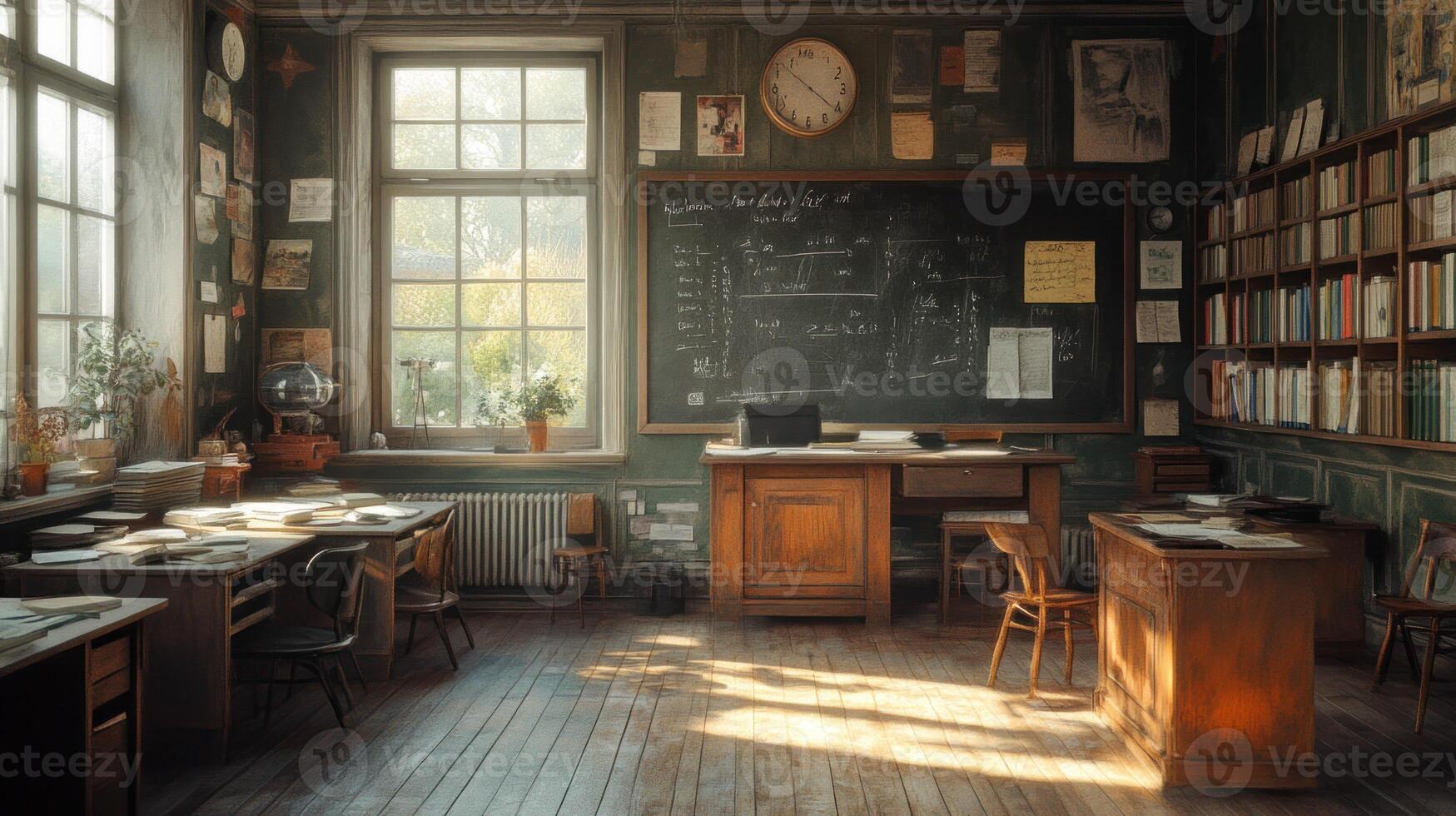 An old school room with desks and a chalk board photo