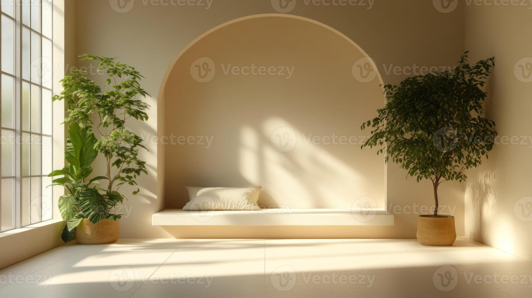 An empty room with a bench and potted plants photo