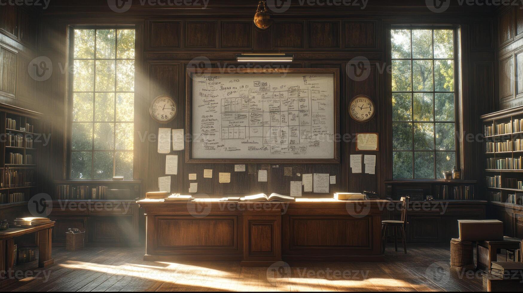 A library with a large desk and bookshelves photo