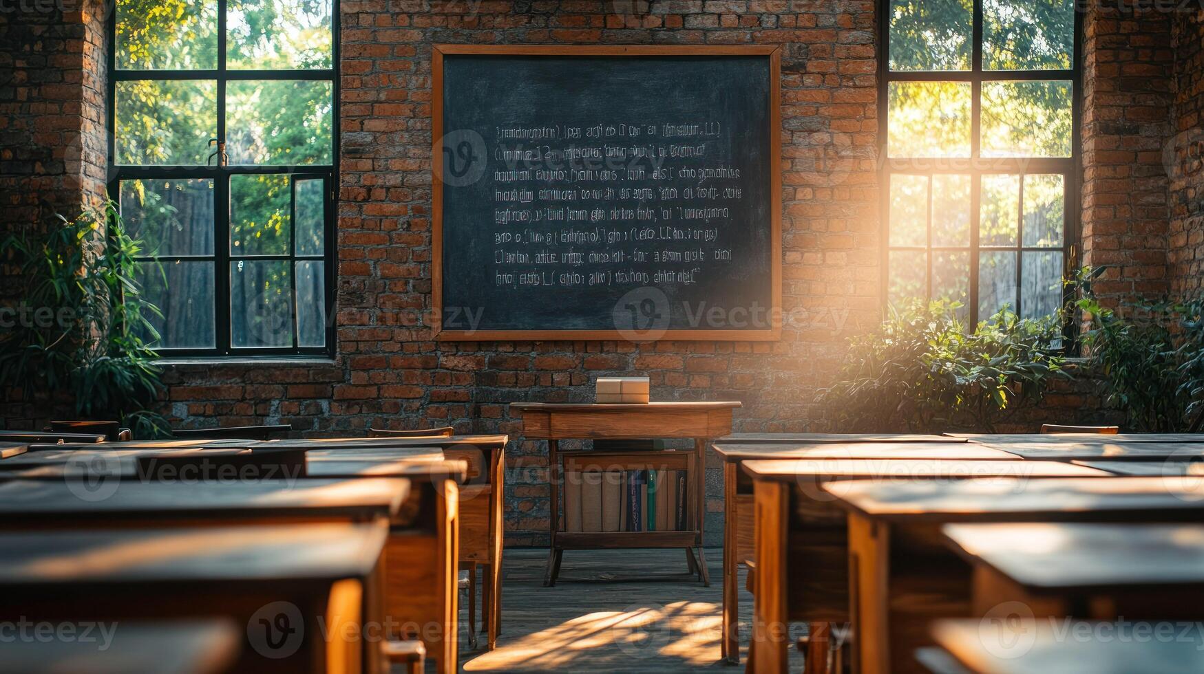 An empty classroom with a chalkboard and chairs photo