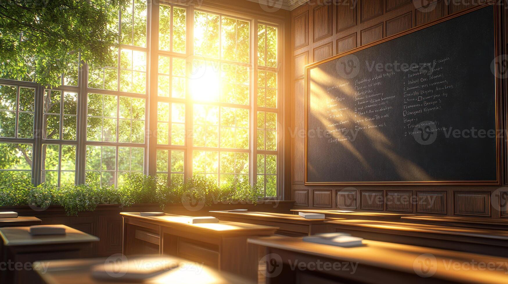 An empty classroom with a chalkboard and trees in the background photo