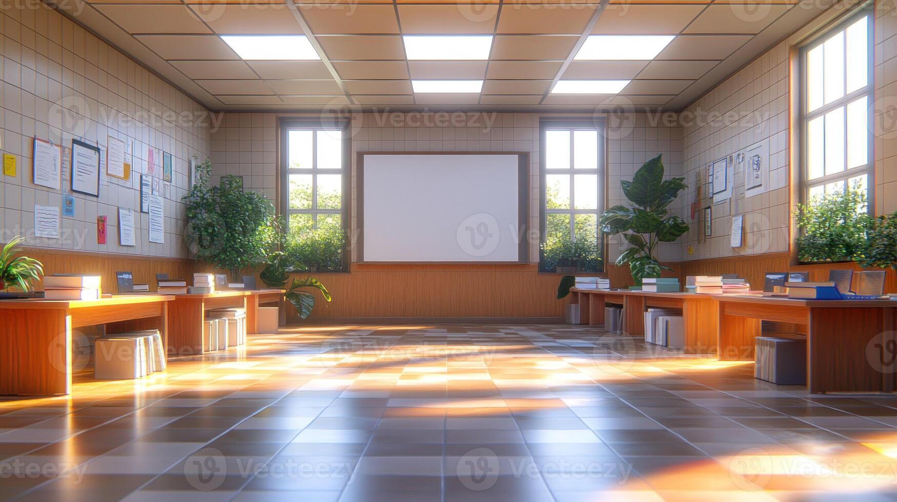 A large empty room with a large window and a large screen photo