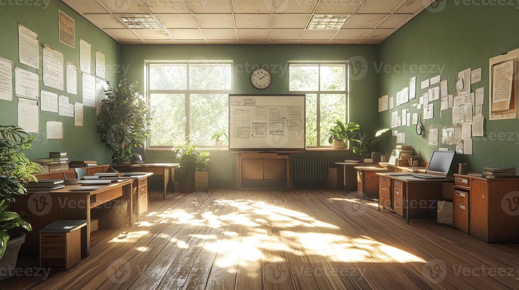 A room with a desk, a window, and a plant photo
