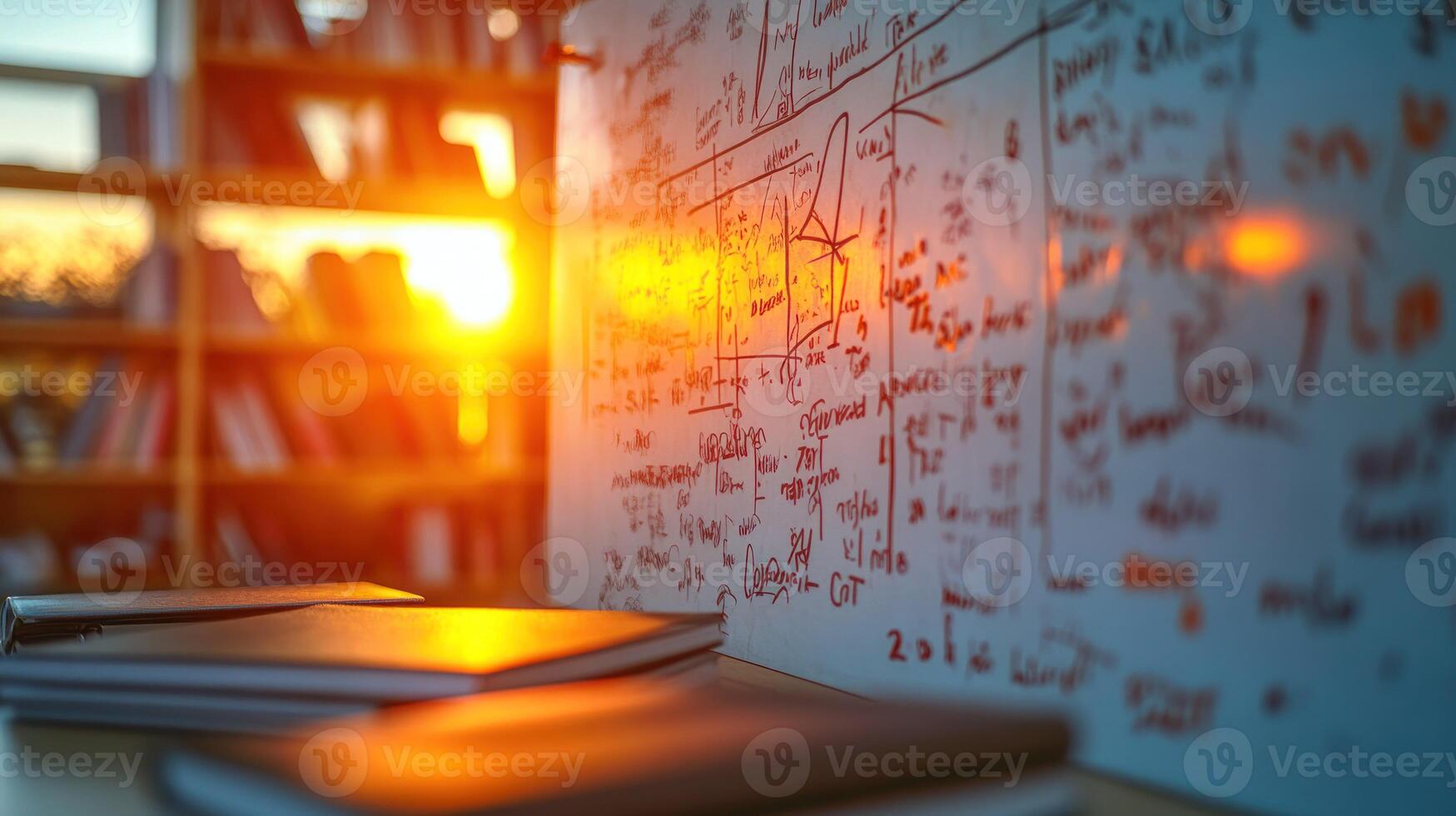 A whiteboard with math equations on it in front of a book shelf photo