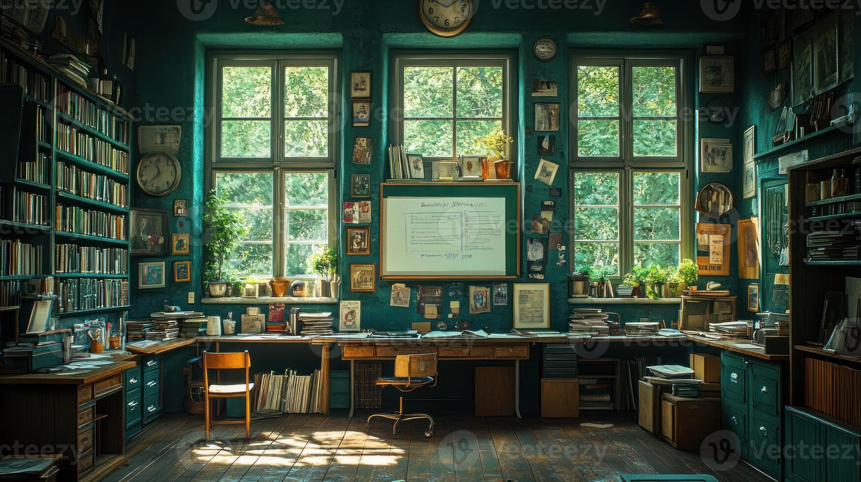 A room with lots of books and lots of windows photo