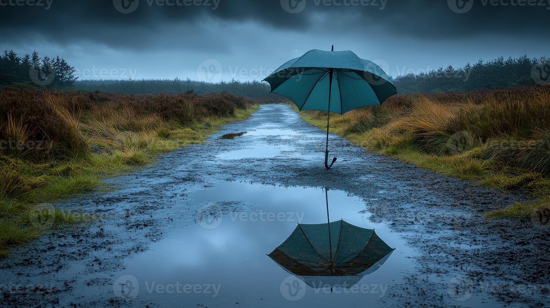 A blue umbrella is standing in the middle of a puddle photo