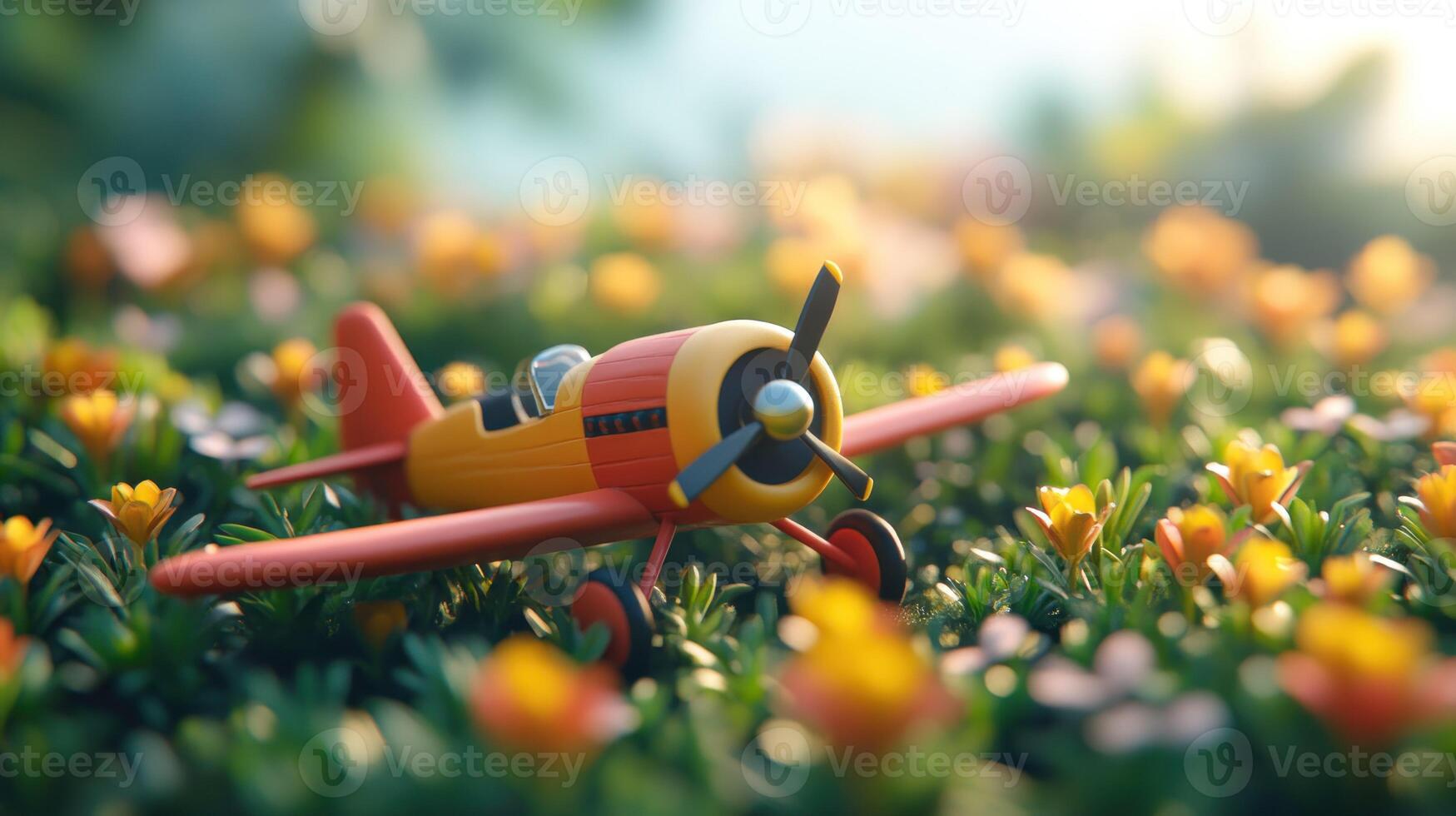 A toy plane is sitting in a field of flowers photo