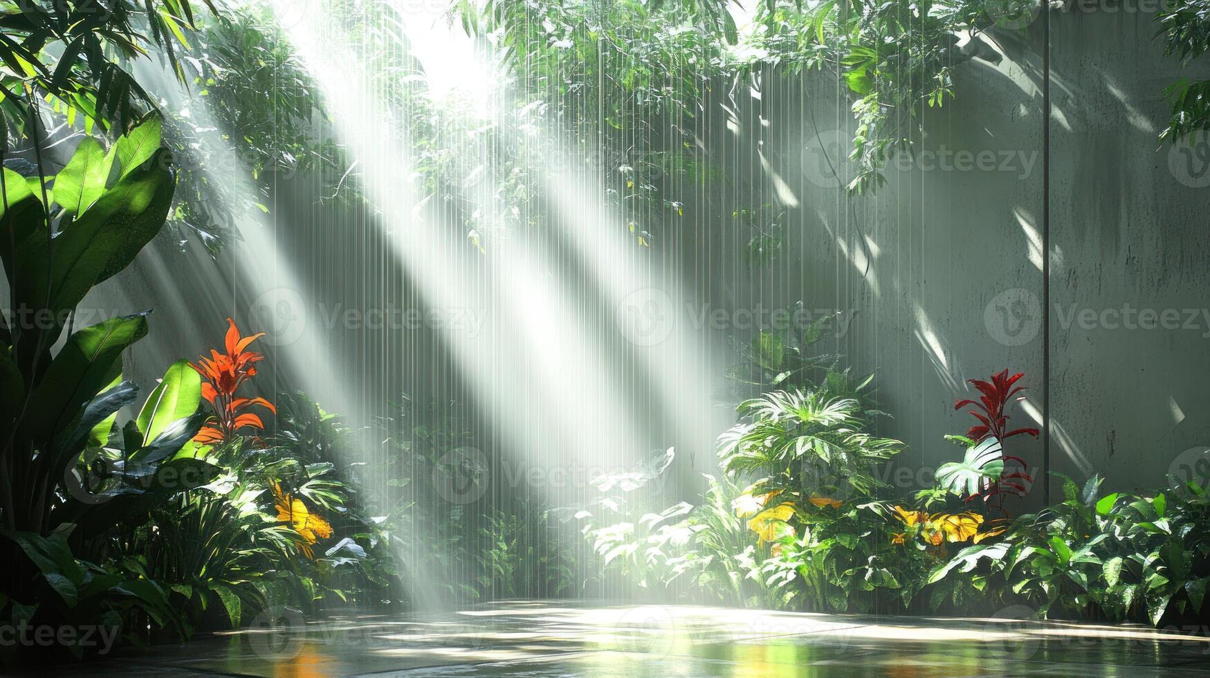 Sunlight shining through a wall of plants and flowers photo