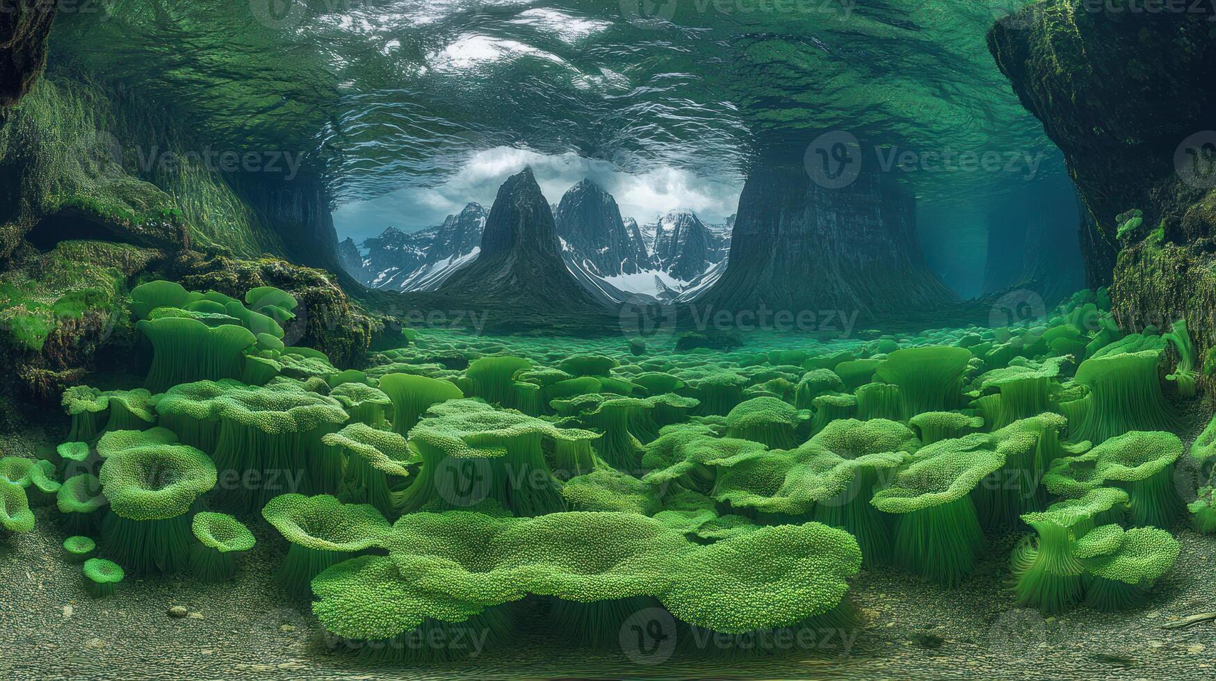 An underwater view of green algae and rocks photo