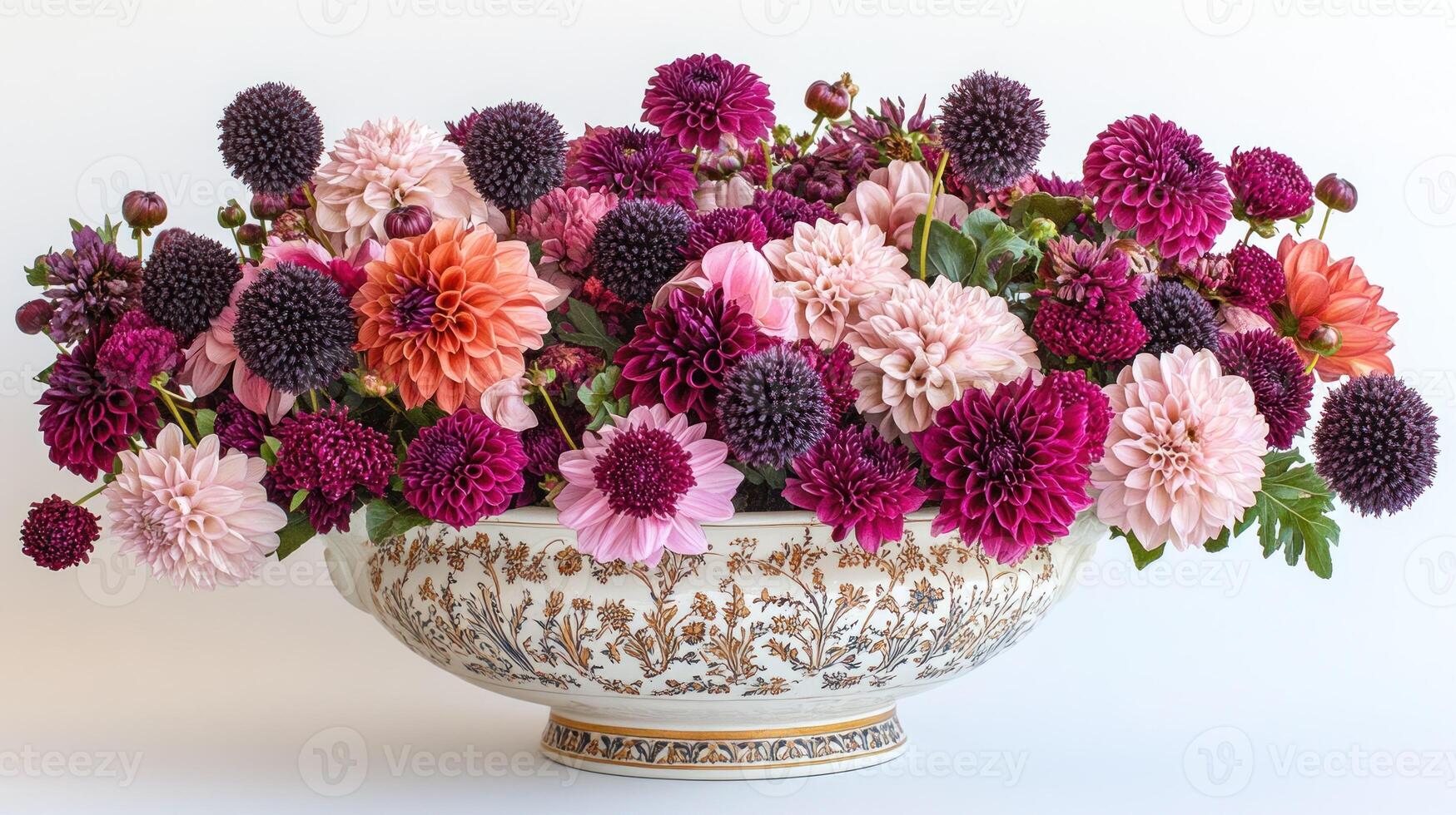 A large bowl filled with purple and pink flowers photo