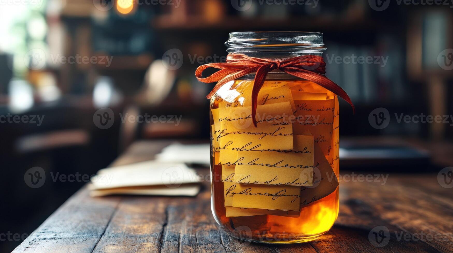 A jar of honey with sticky notes on a wooden table photo