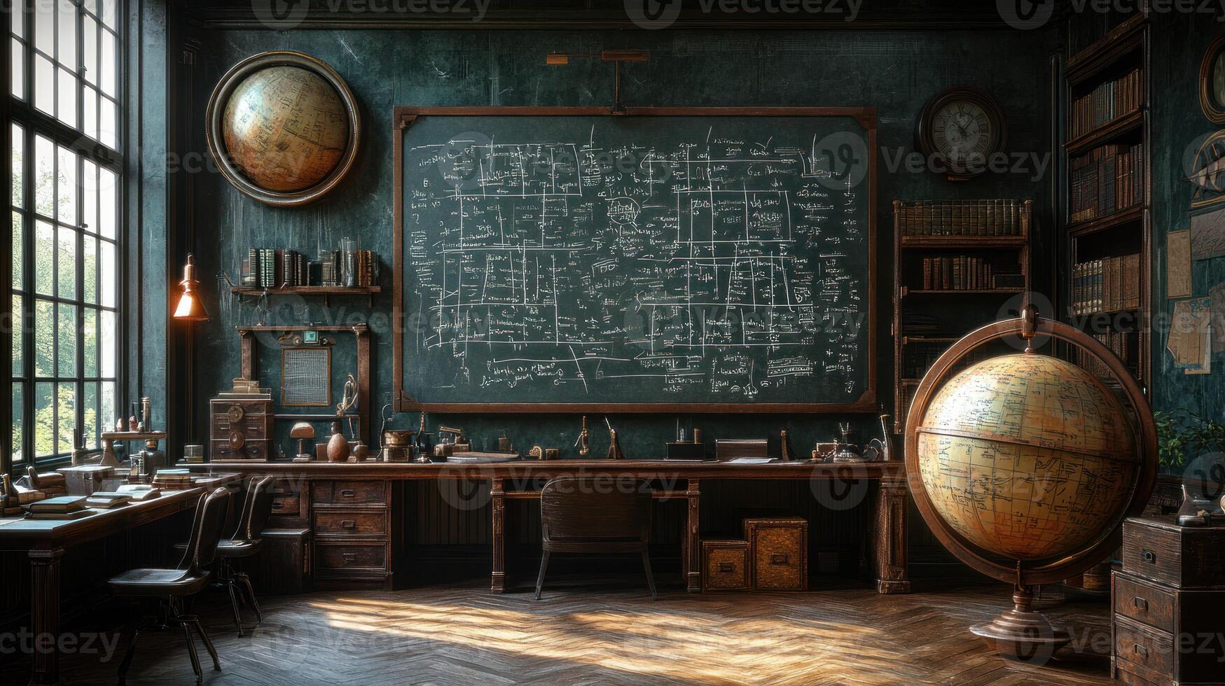 A room with a globe, a desk and a chalkboard photo