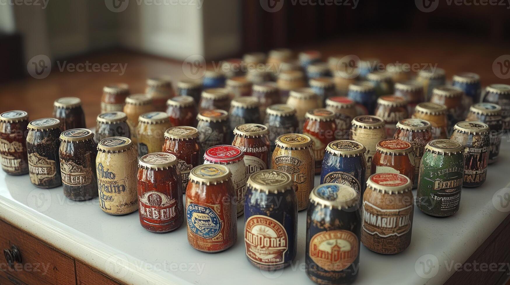 A table full of beer bottles on a wooden floor photo