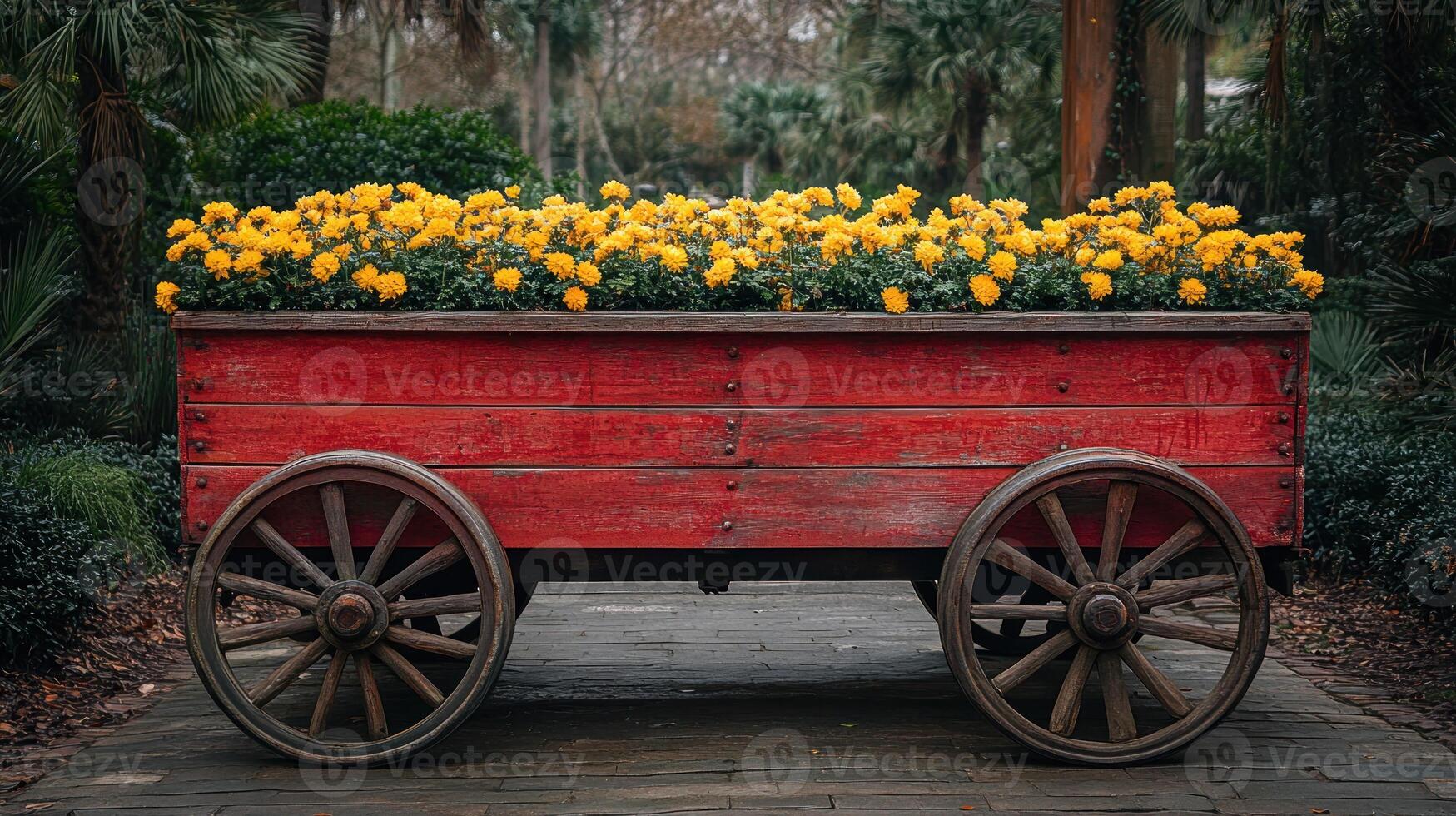 A wagon filled with yellow flowers photo