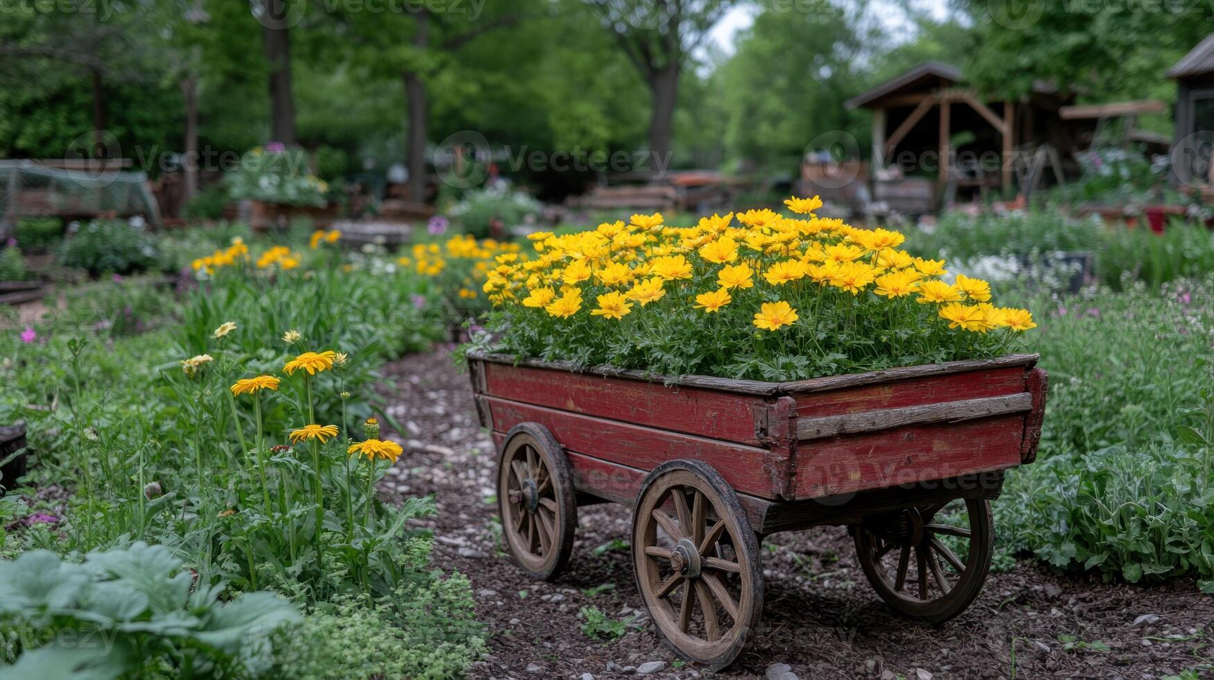 A wooden wagon filled with flowers in a garden photo