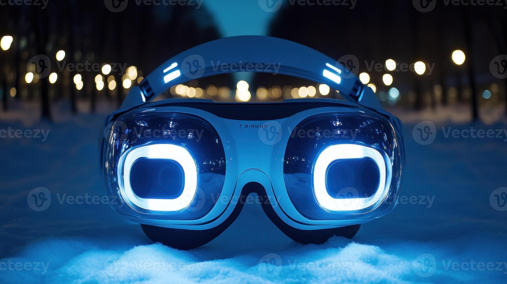 A pair of goggles with glowing eyes on a snowy night photo
