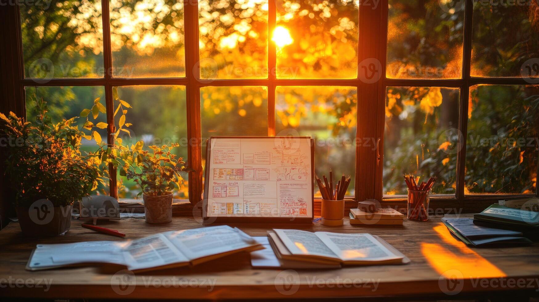 A laptop, books and a plant on a desk in front of a window photo