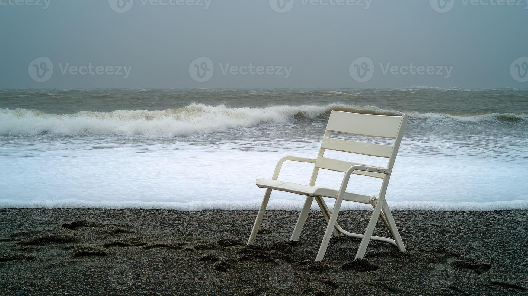 A chair sitting on a beach with waves crashing in the background photo