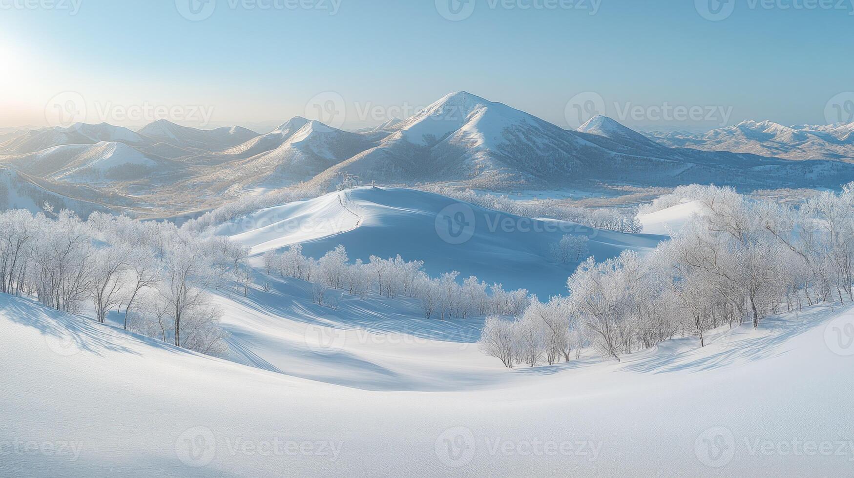 Winter landscape with snow covered mountains and trees photo
