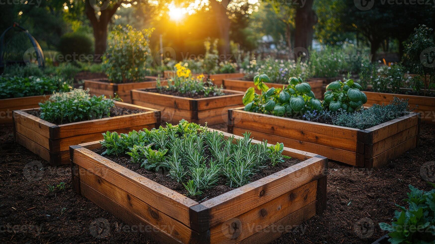 A garden with several raised garden beds photo