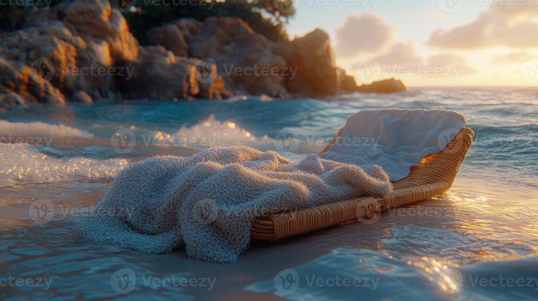 A beach chair with a blanket on it sitting on the sand photo
