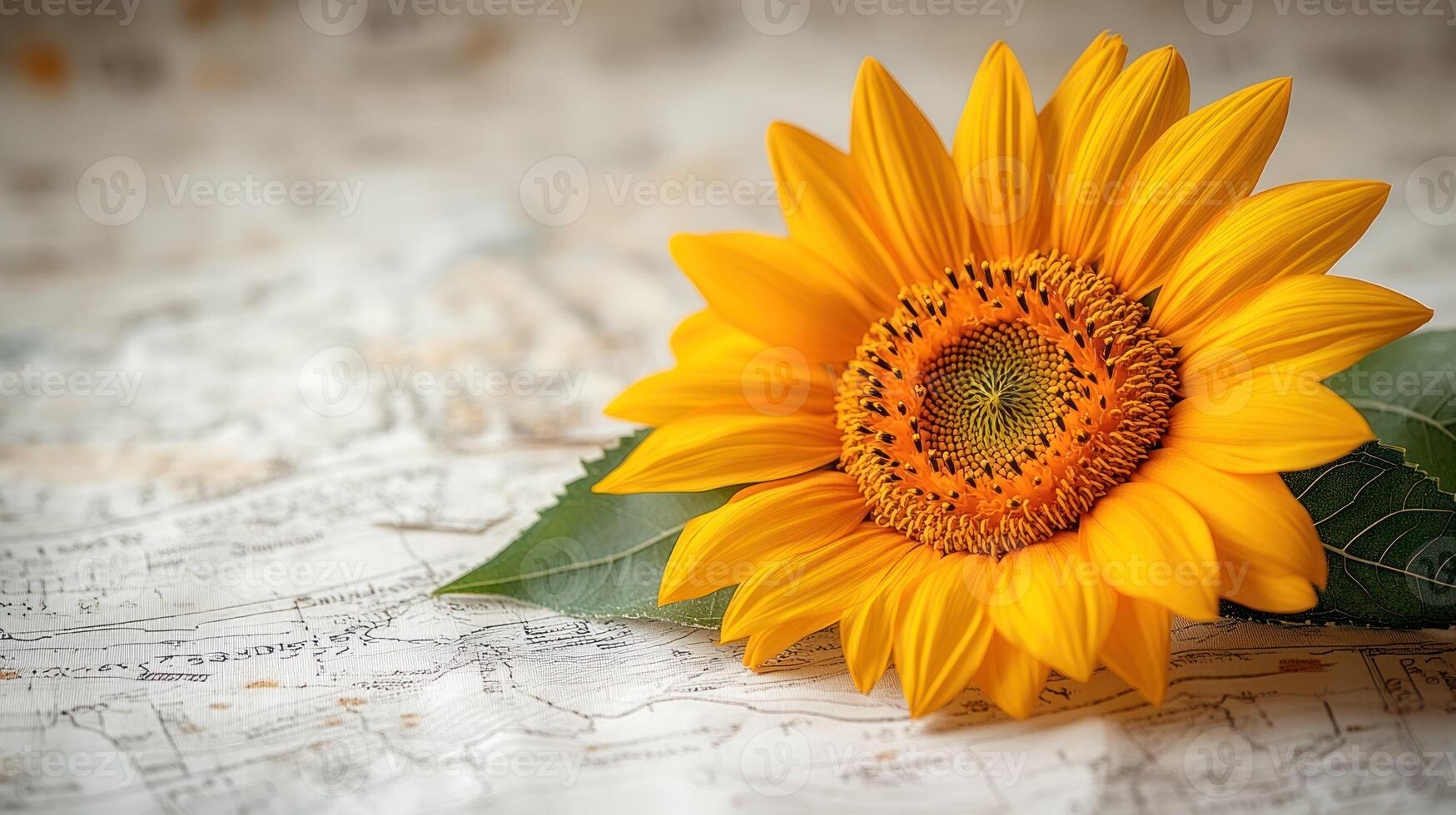 A single sunflower is sitting on top of a map photo