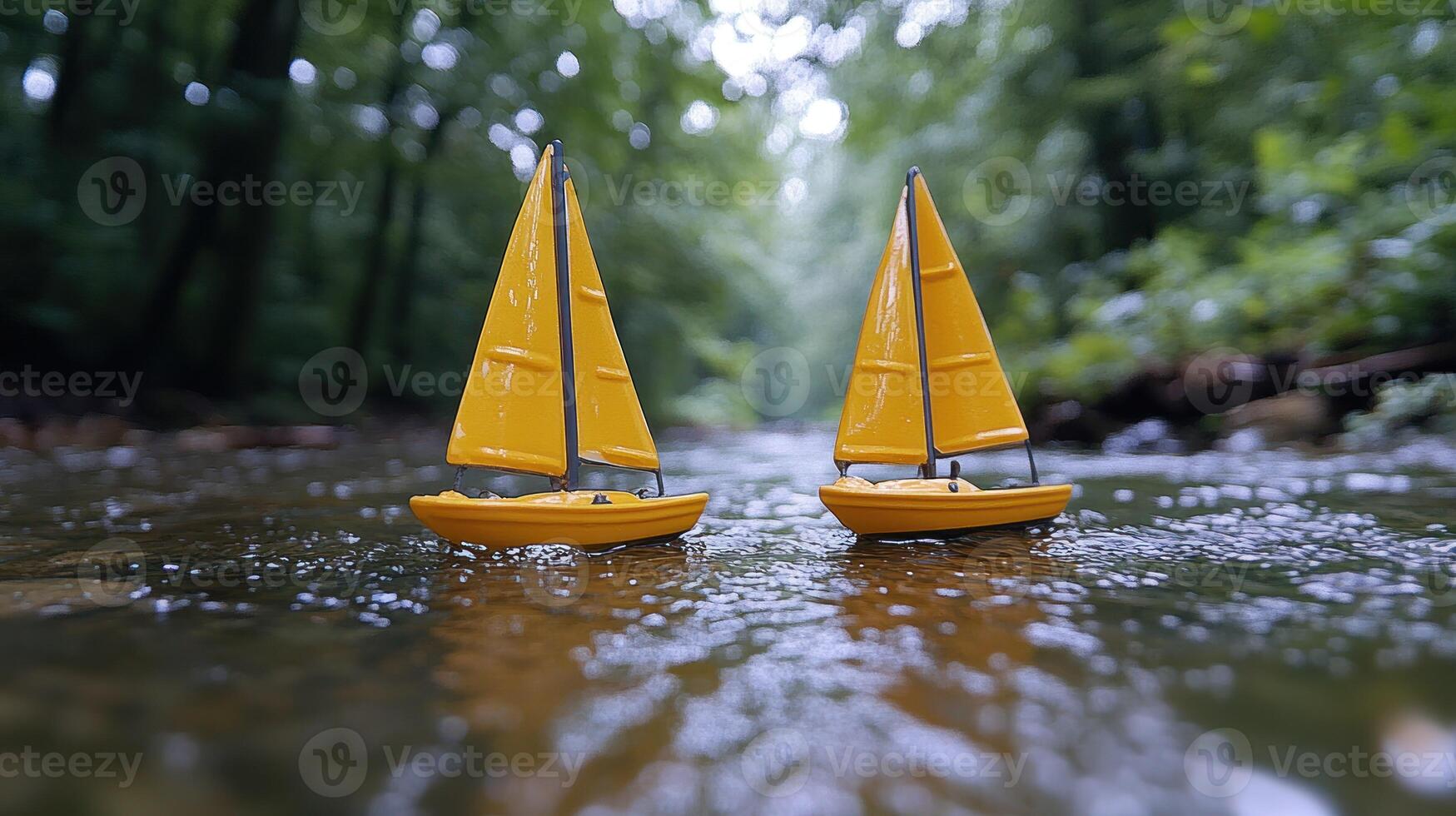 Two yellow sailboats floating in a stream photo