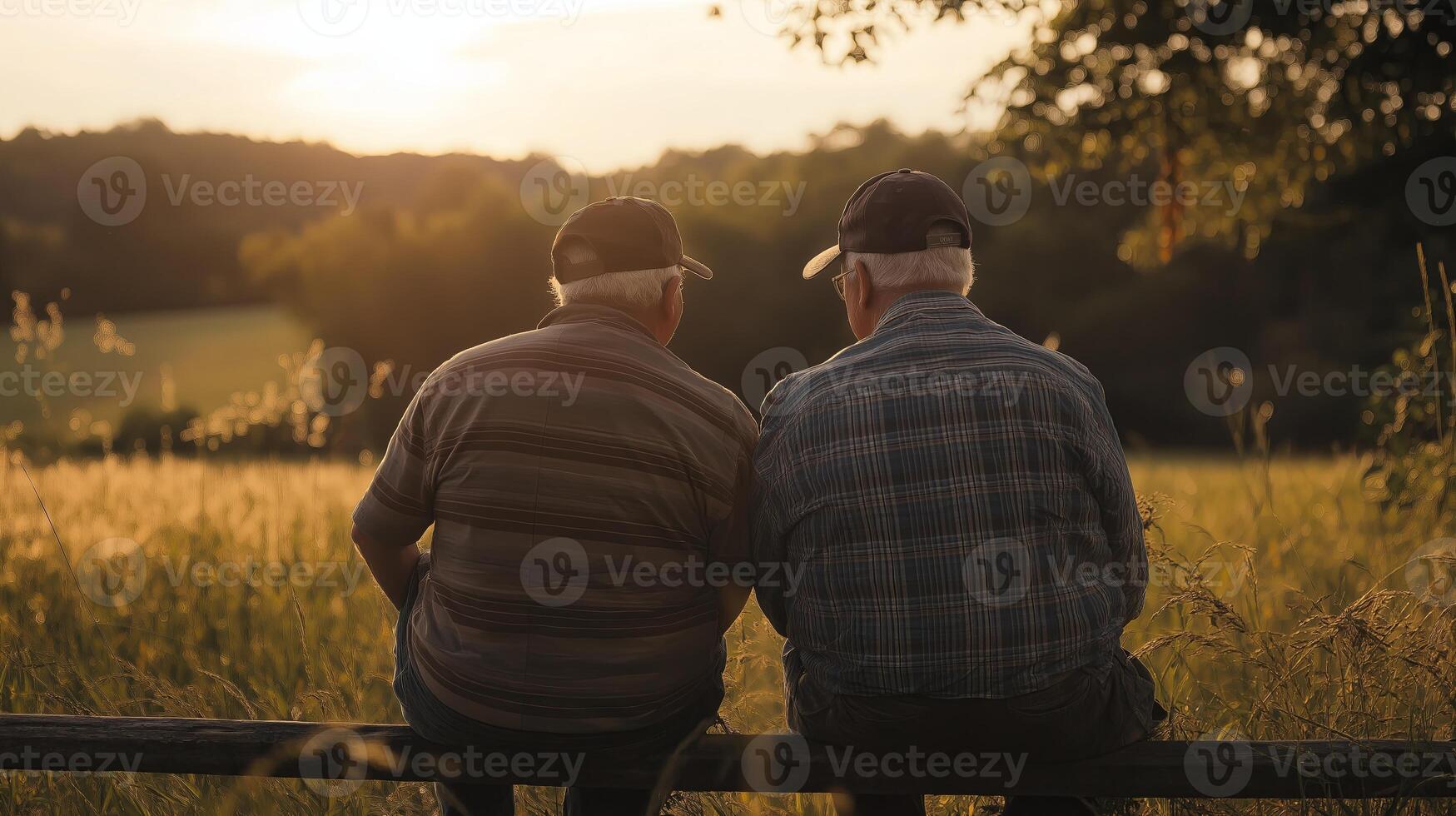 Two older men sitting on a bench in a field photo