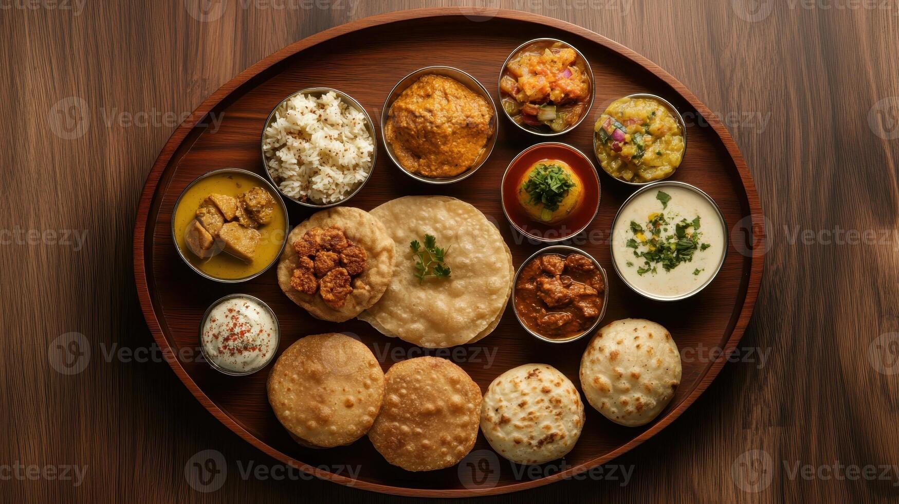 An assortment of indian food on a wooden plate photo