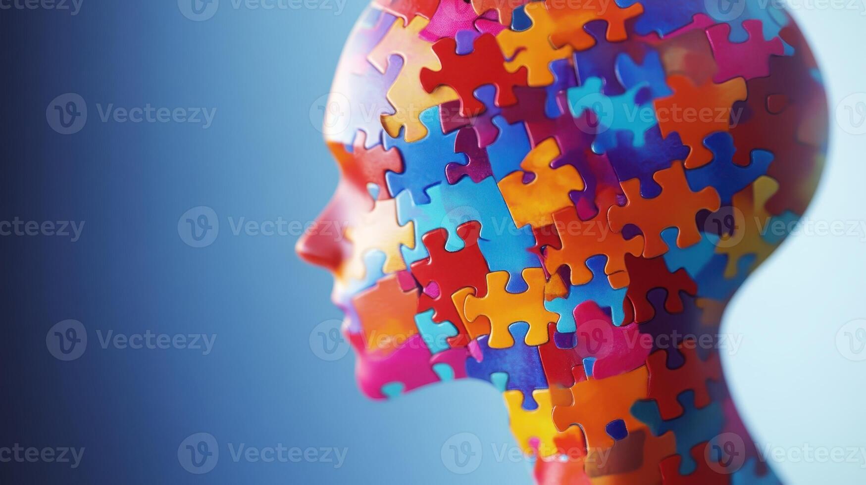 A person's head is made up of colorful puzzle pieces photo