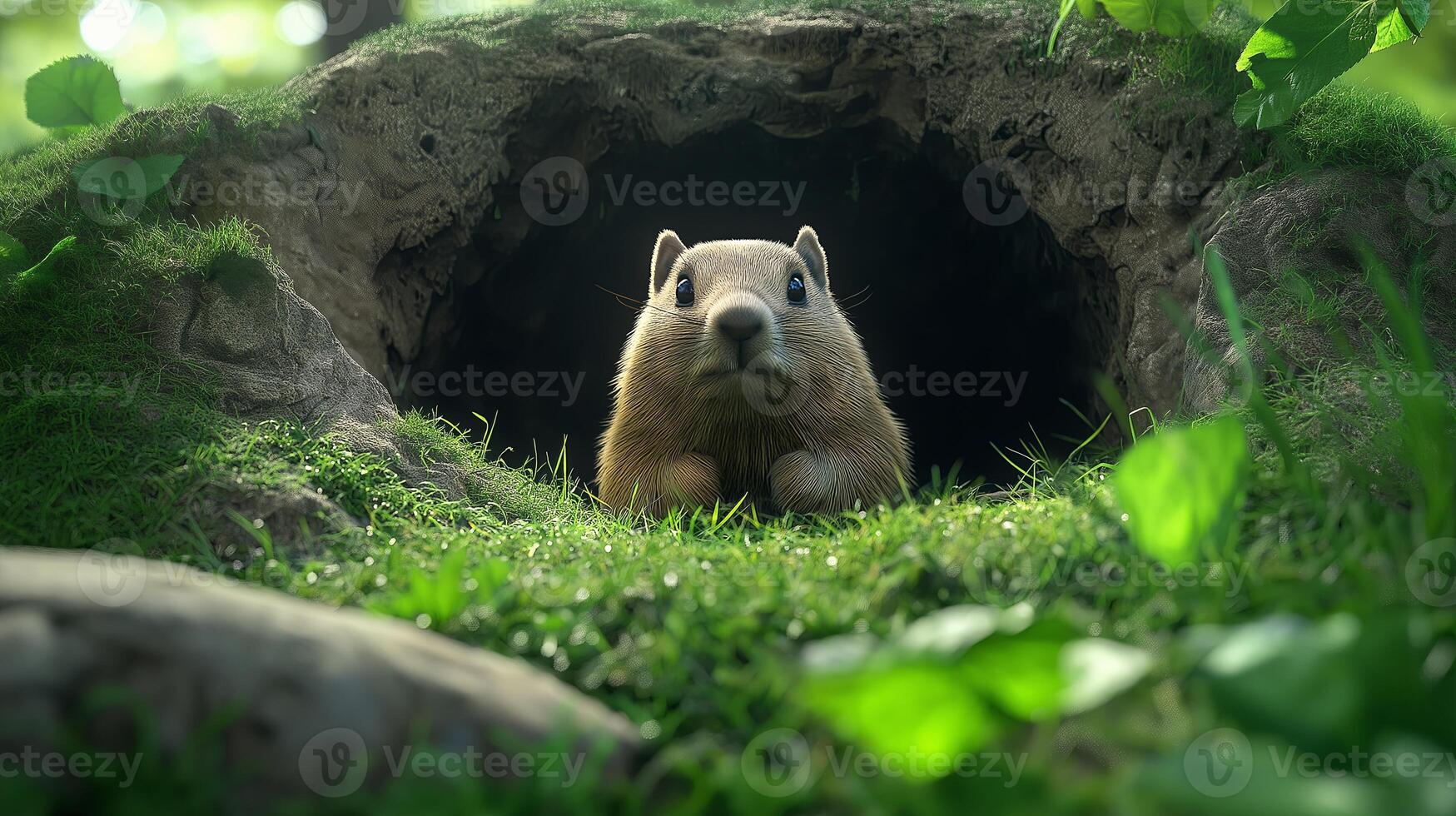Curious groundhog peeking out from its burrow surrounded by green grass. Groundhog Day photo