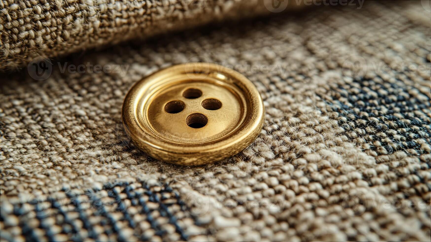 A gold button on a blue and white fabric photo