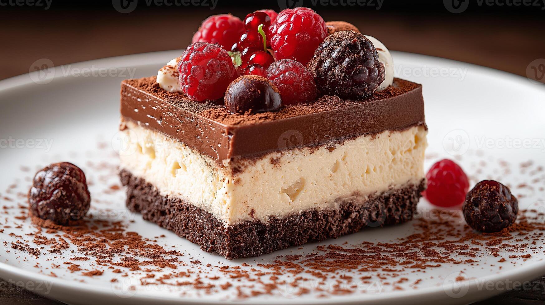 Gourmet triple chocolate mousse cake topped with fresh raspberries and cherries. Valentines Day and indulgence concept photo