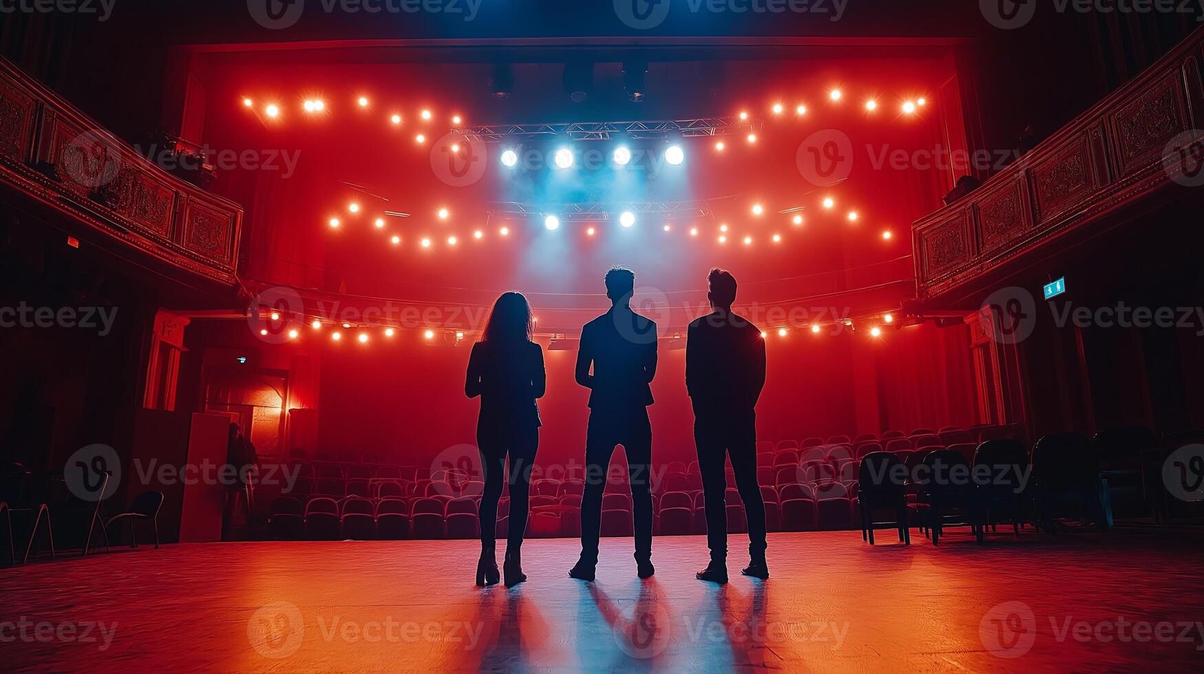Silhouettes of actors standing on a stage under dramatic lighting. World Theatre Day and performance celebration concept. photo