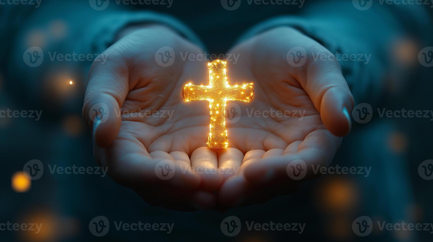 Hands holding a glowing cross, symbolizing faith, spirituality, and divine protection. photo